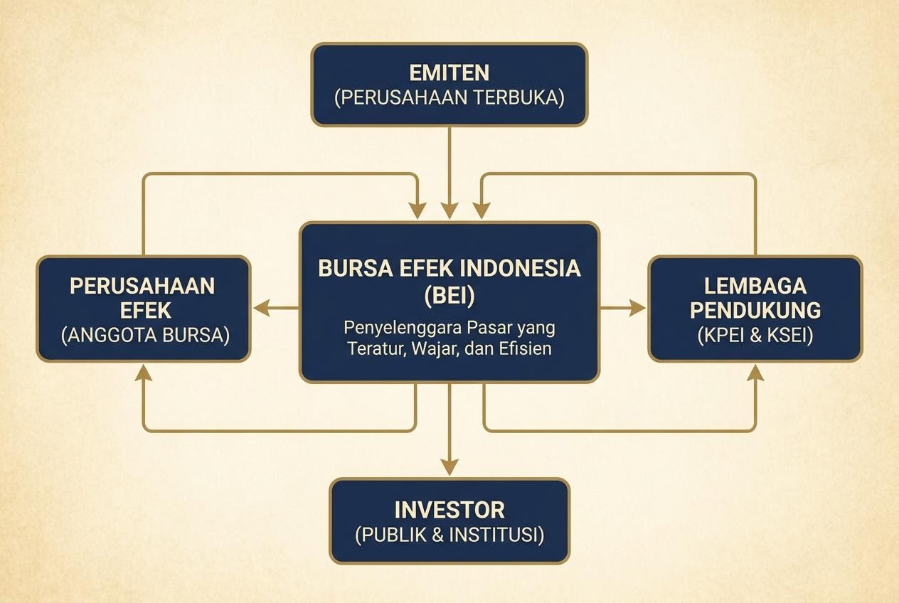 Ilustrasi struktur bursa dan mekanisme dasar pasar modal.