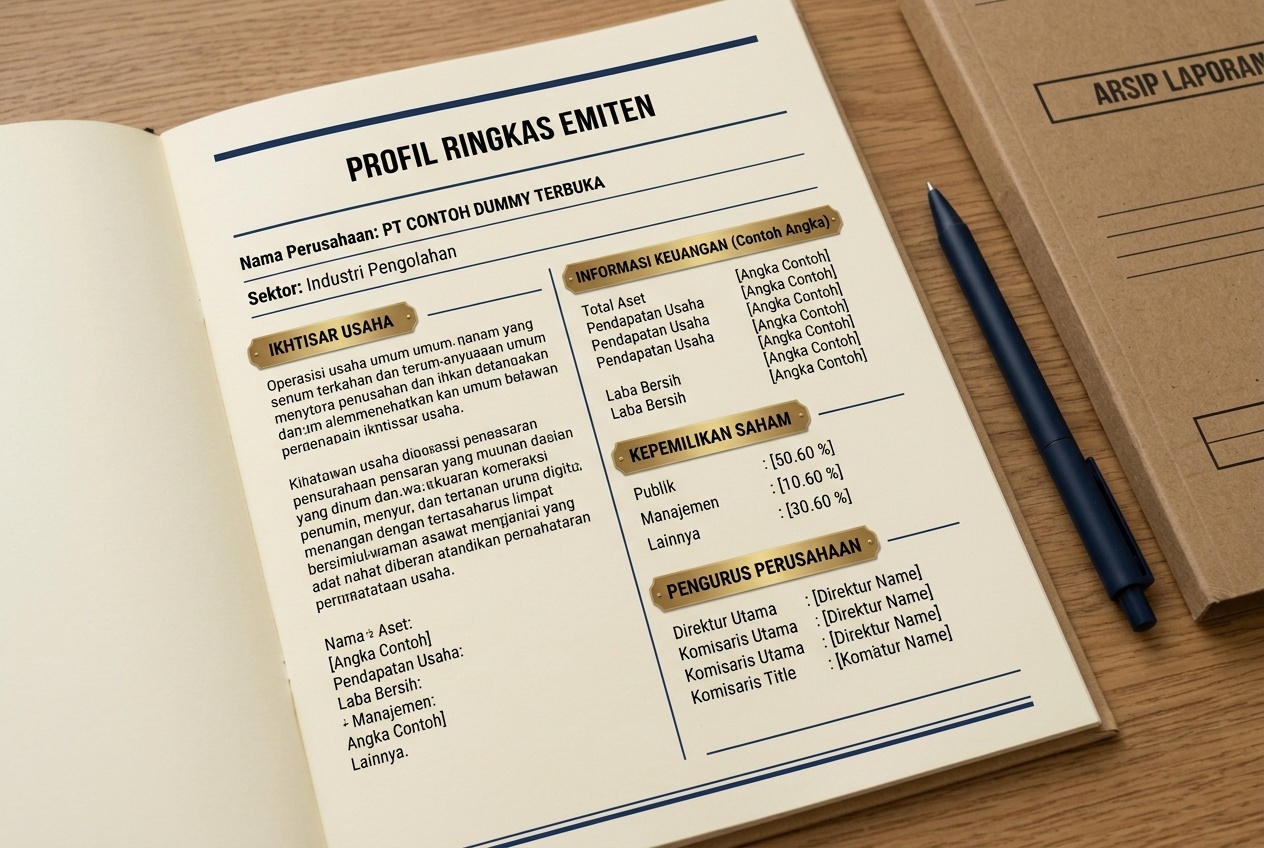 Lembar profil ringkas emiten dengan kolom data perusahaan.