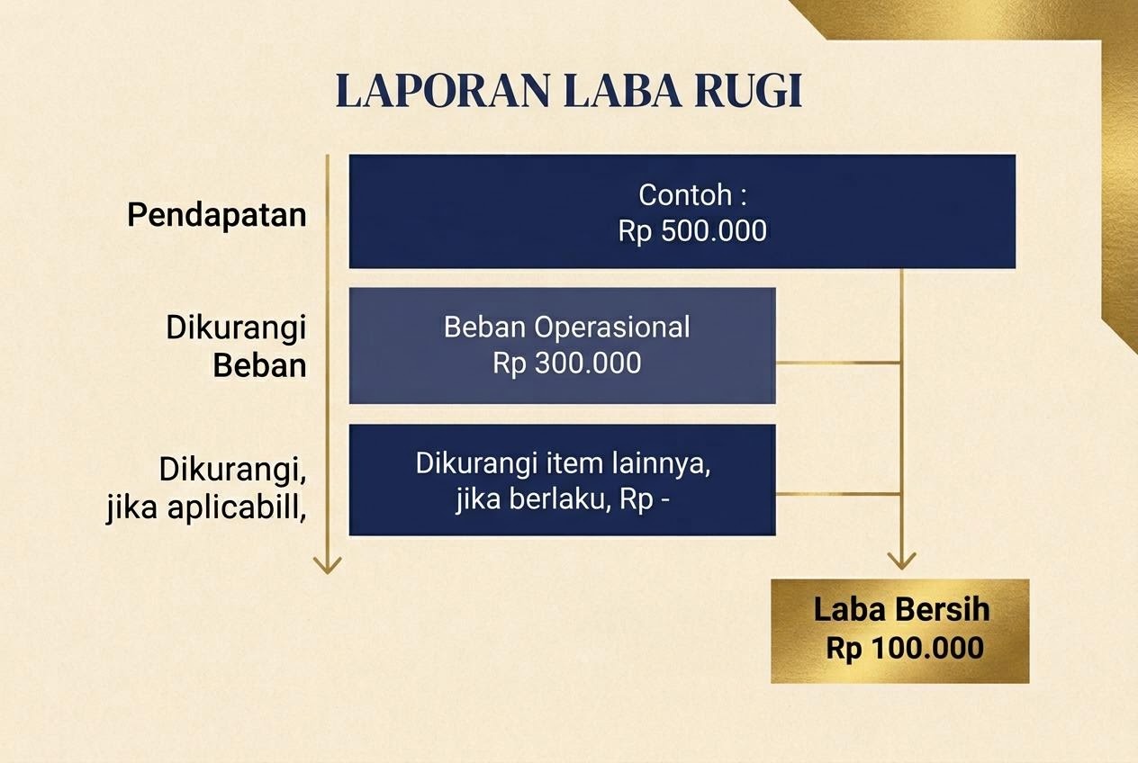 Ilustrasi pos pendapatan dan beban pada laporan laba rugi.