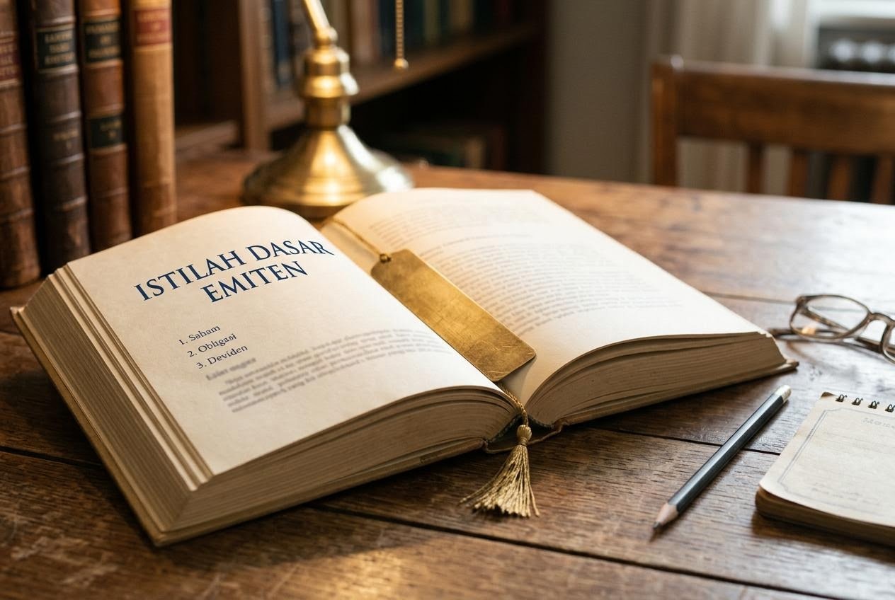 Buku panduan terbuka dengan catatan pengantar tentang emiten.