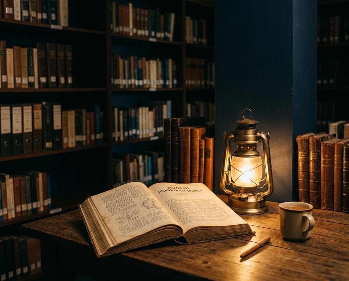 Ruang baca yang tenang dengan lampu hangat dan rak penuh arsip dokumen.